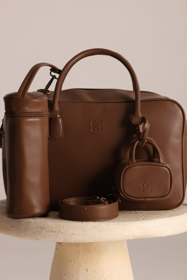 סט תיק עגלה לונה חום עם נרתיק בקבוק תואם