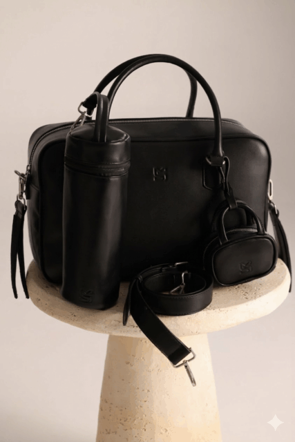 תיק עגלה לונה שחור עם נרתיק בקבוקים שחור